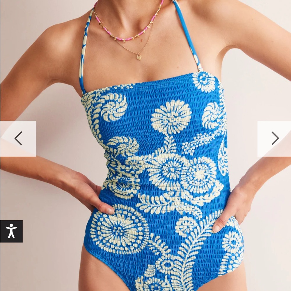 Boden Milos Ikat Smocked Blue and White Floral One Piece Swimsuit Size S/4